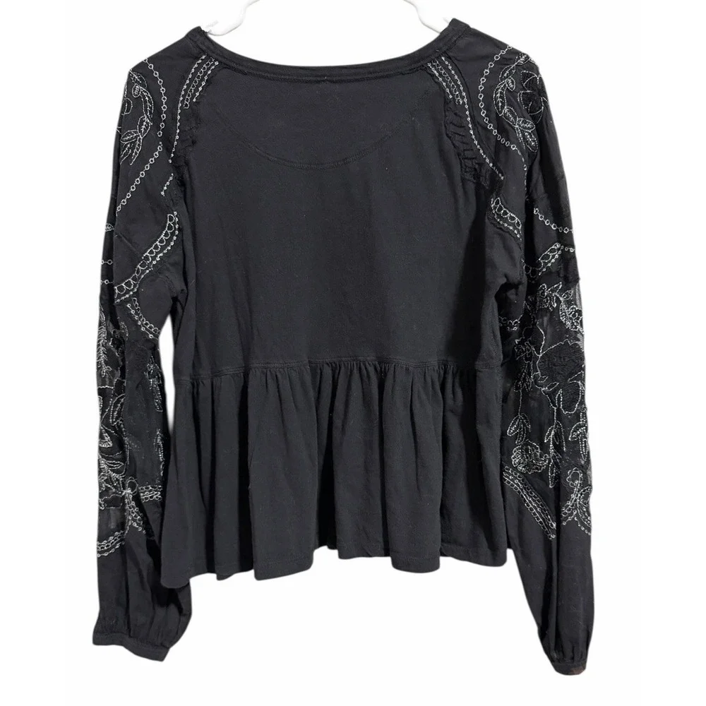 Free People‎ Penny Embroidered Peplum Top Black Women's Size XS